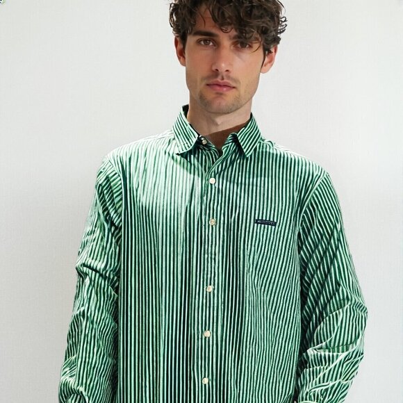 Chaps Green and White Striped Casual Button Down Shirt - Picture 1 of 5